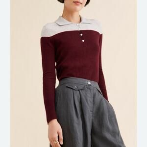 Pure Cashmere Two Tone Colorblock Polo Collared Knit Sweater Burgundy Gray Small
